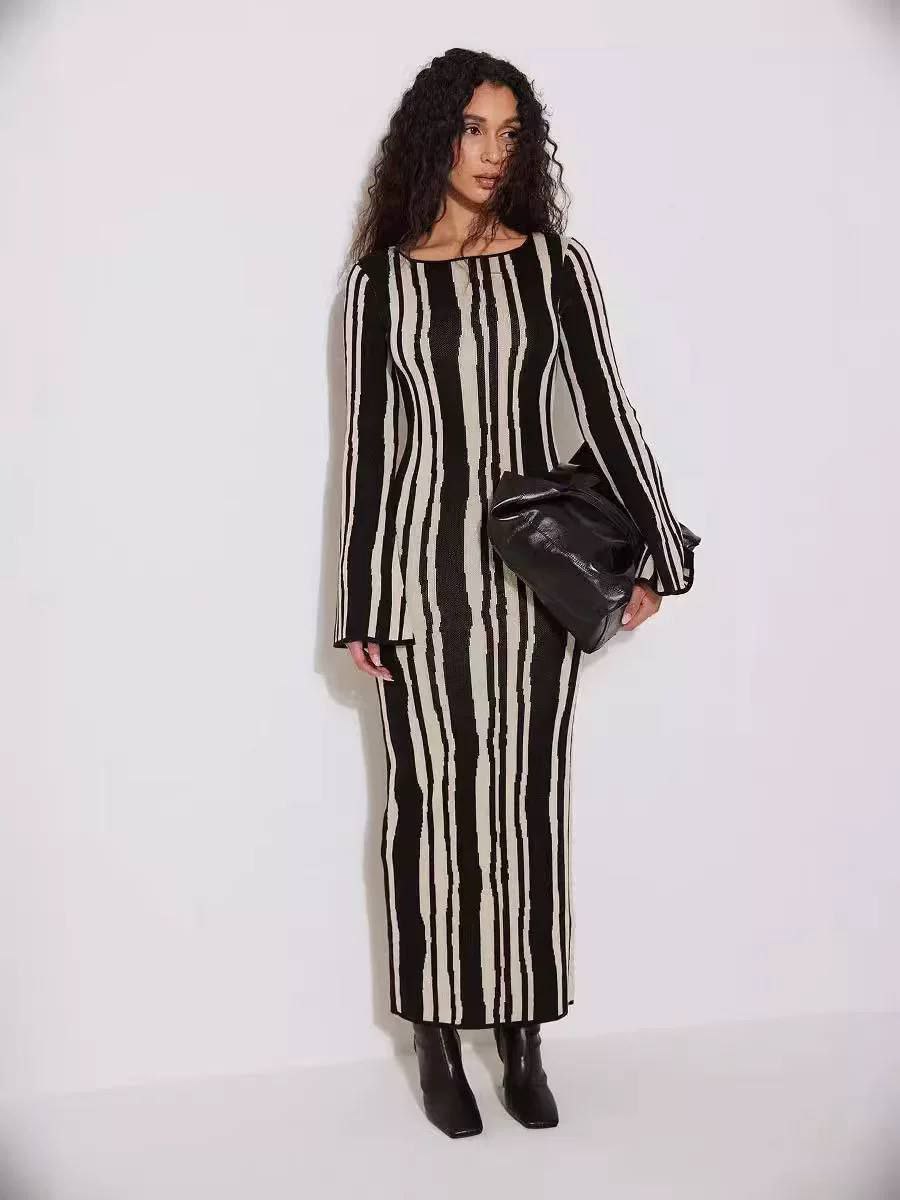NA-KD black and beige striped knitted maxi dress
