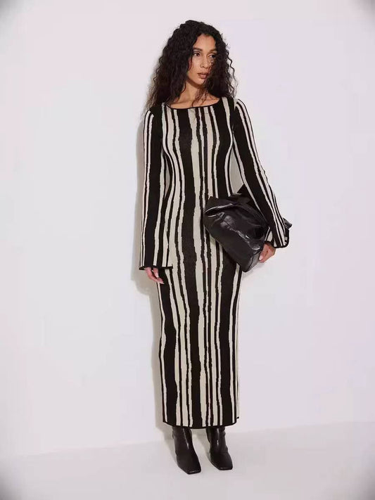 NA-KD black and beige striped knitted maxi dress