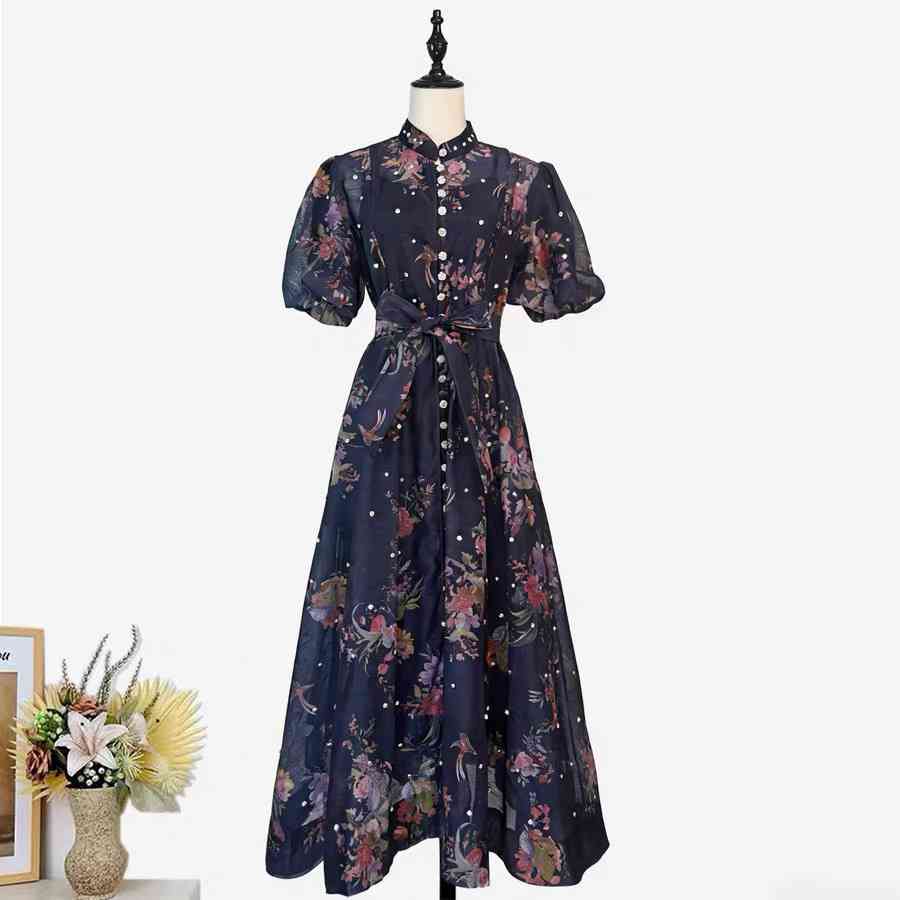 Vintage inspired navy blue floral shirt dress
