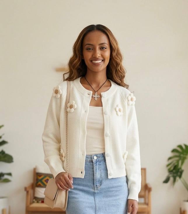 White knit cardigan featuring 3D crochet flower applications