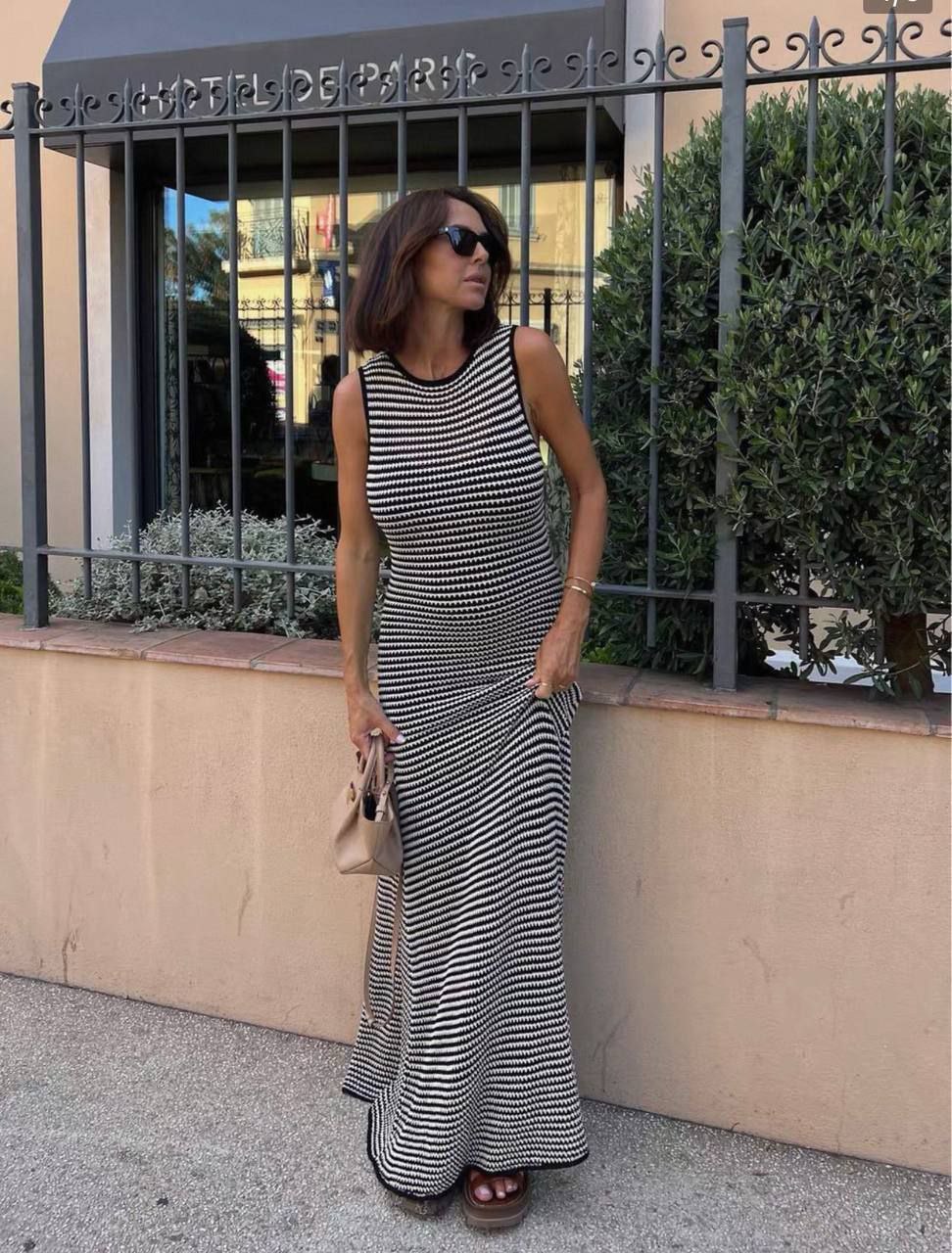 Black and white striped knit maxi dress
