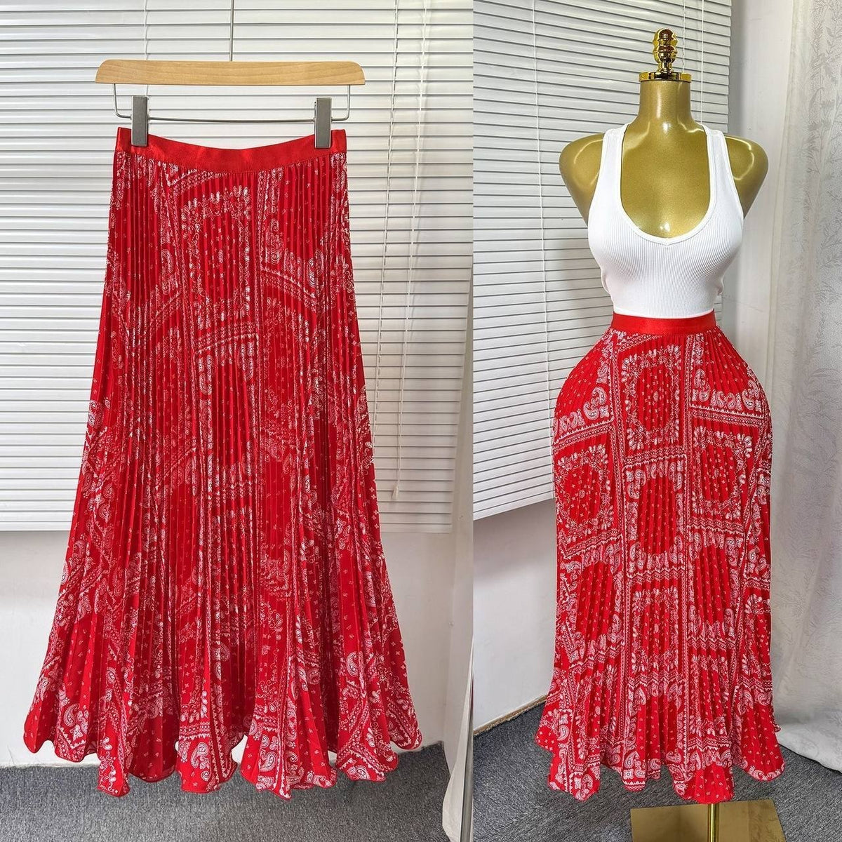 Red pleated maxi skirt