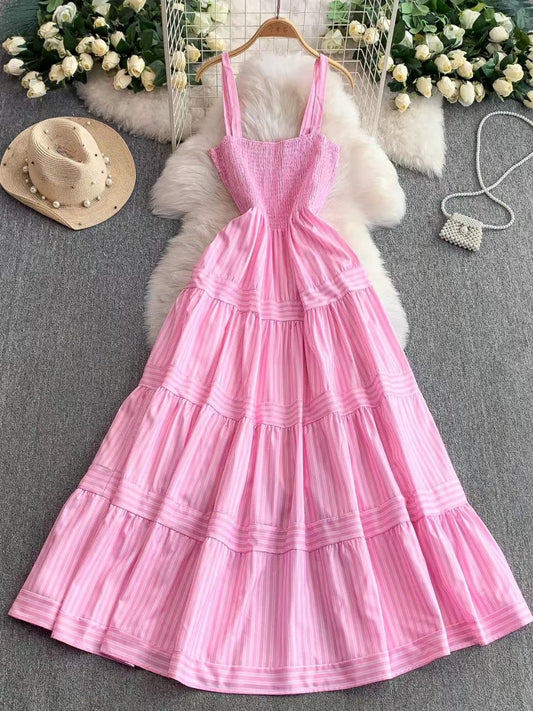 Pink and white striped tiered maxi dress