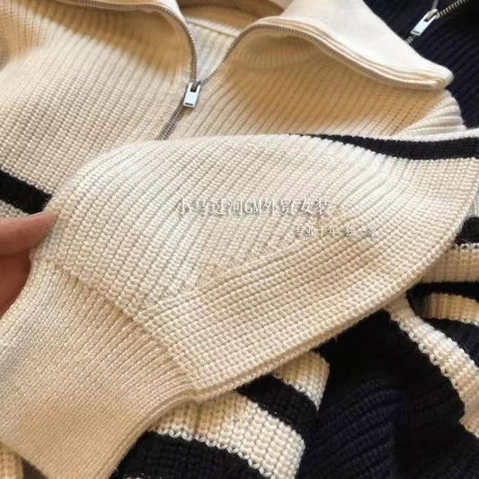 Striped half zip knit sweater