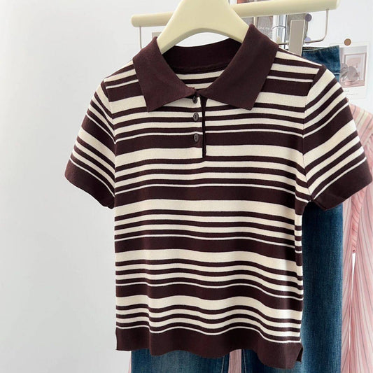 Brown and white striped knit polo