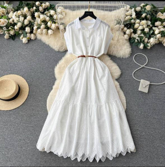 White Eyelet Maxi Dress with a Collar and Belt