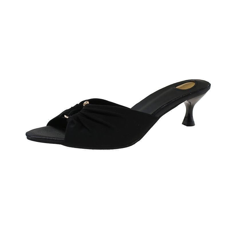 Elegant black open-toe kitten heel mules
