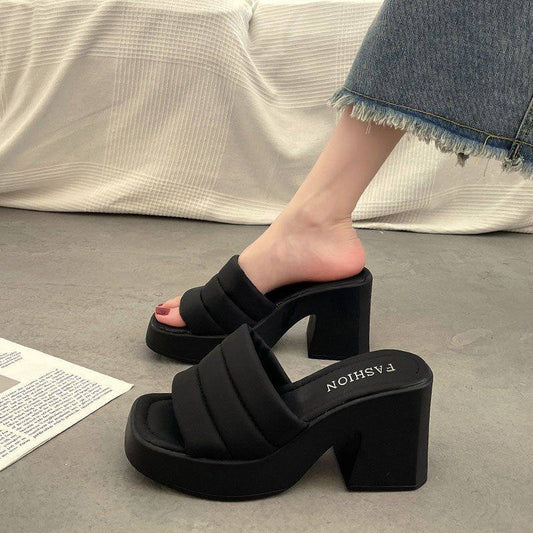 Women's black quilted platform slide sandals