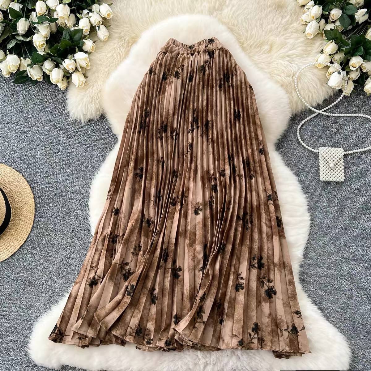Khaki brown or taupe floral pleated maxi skirt