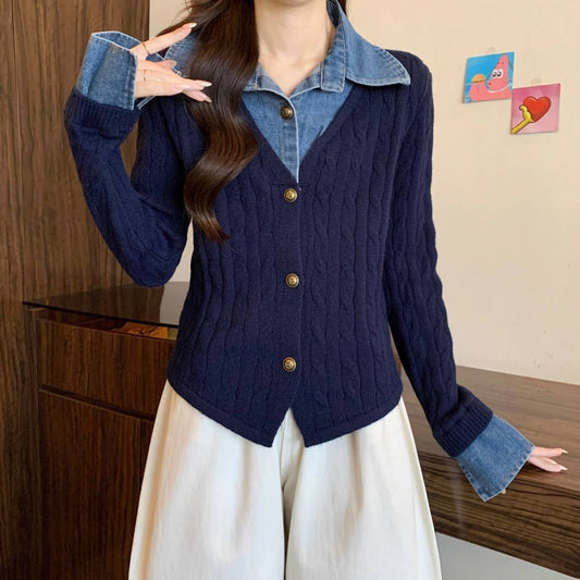 Denim patchwork cable knit cardigan