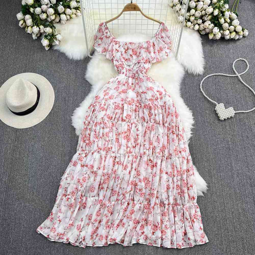 Romantic, bohemian-style pink and white floral tiered maxi dress