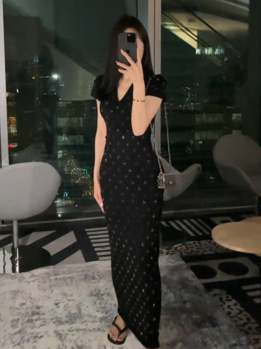 Black V-neck, short-sleeve, embellished maxi dress