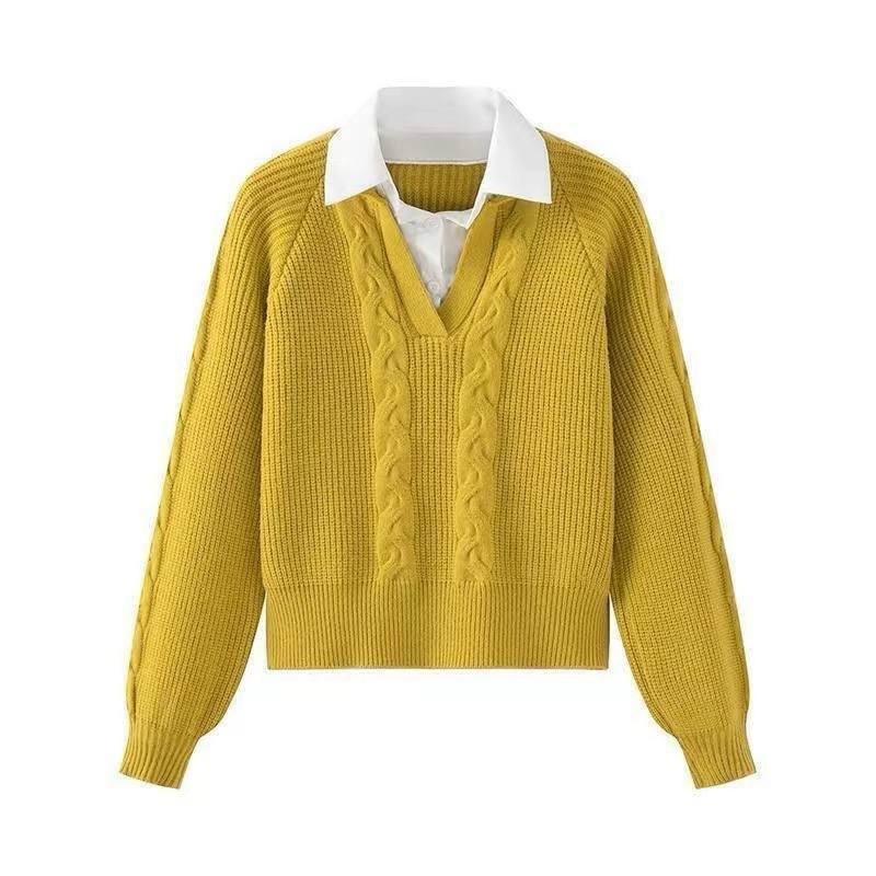 Yellow 2-in-1 layered cable-knit sweater