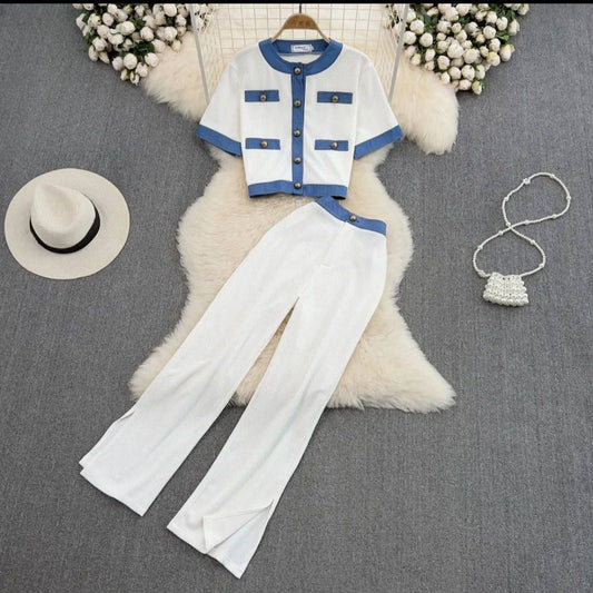 White Crop Top and Wide-Leg Pant Set