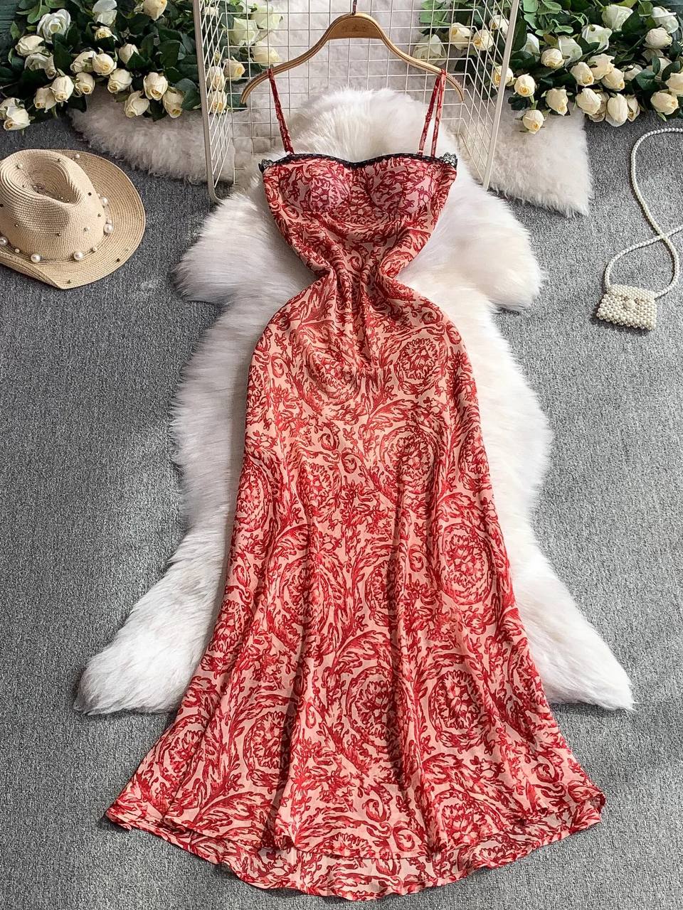 Spaghetti Strap Print Lace Trim Maxi Sheath Dress