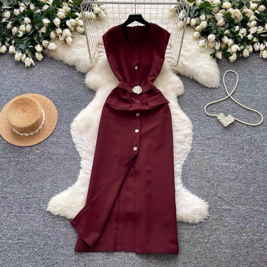 Burgundy sleeveless midi vest dress