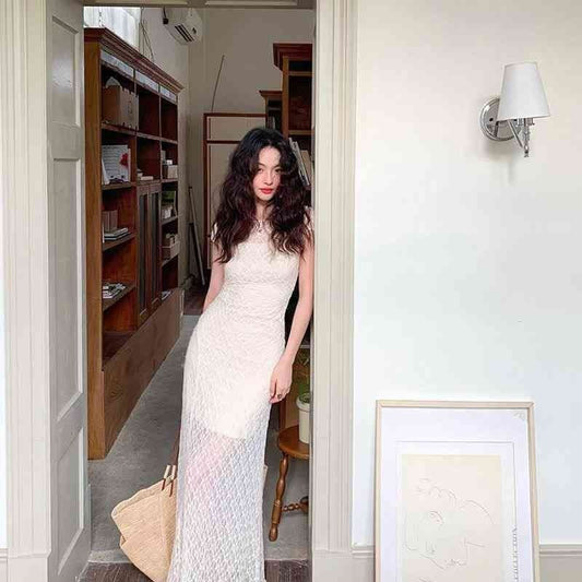 White mesh lace maxi dress