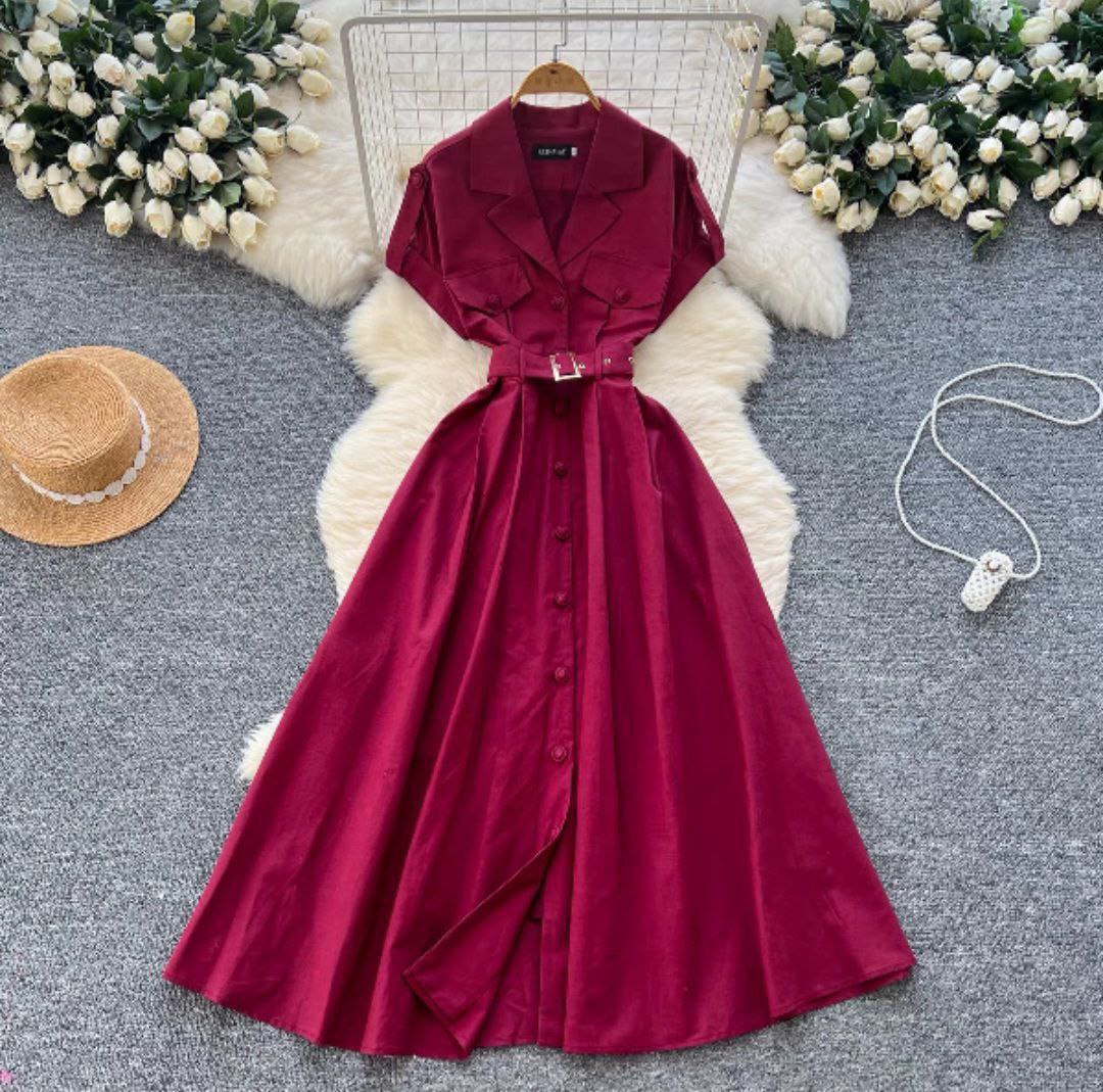 Burgundy Buttoned Midi Dress with Waist Belt