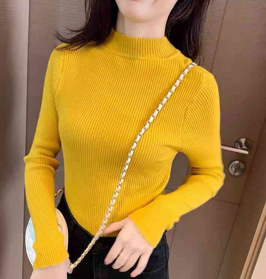 Yellow mock neck ribbed knit pullover sweater