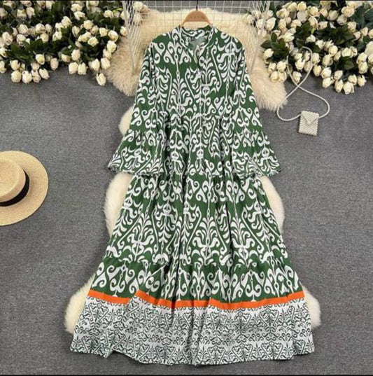 Retro Chic Print Long Flare Sleeve European Summer Dress