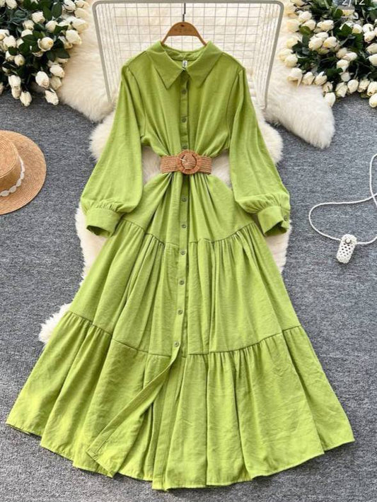 Tiered maxi shirt dress with a belt