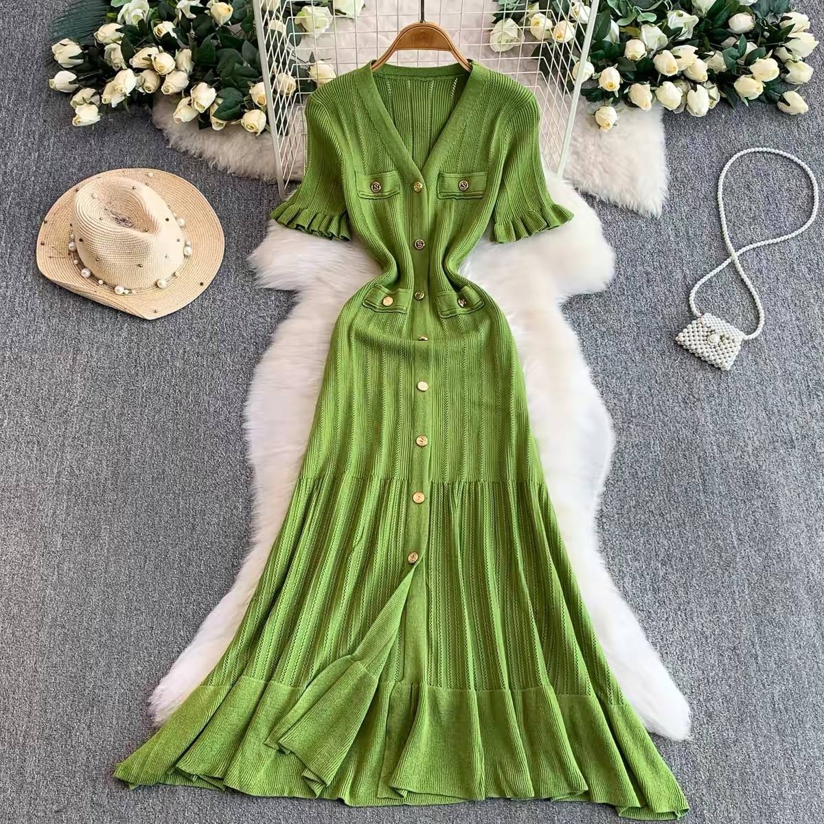 French style button down ribbed knit maxi dress