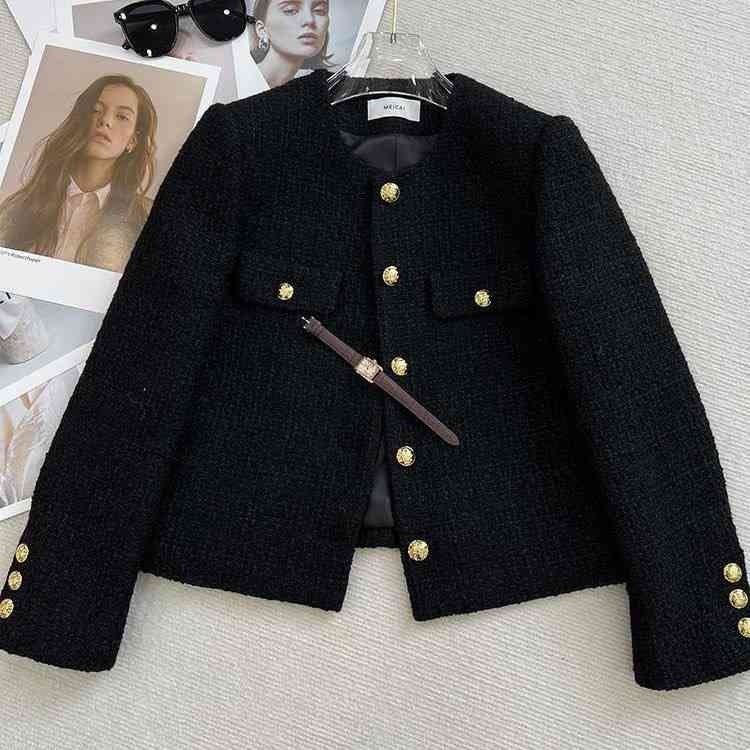 Classic black round-neck tweed jacket