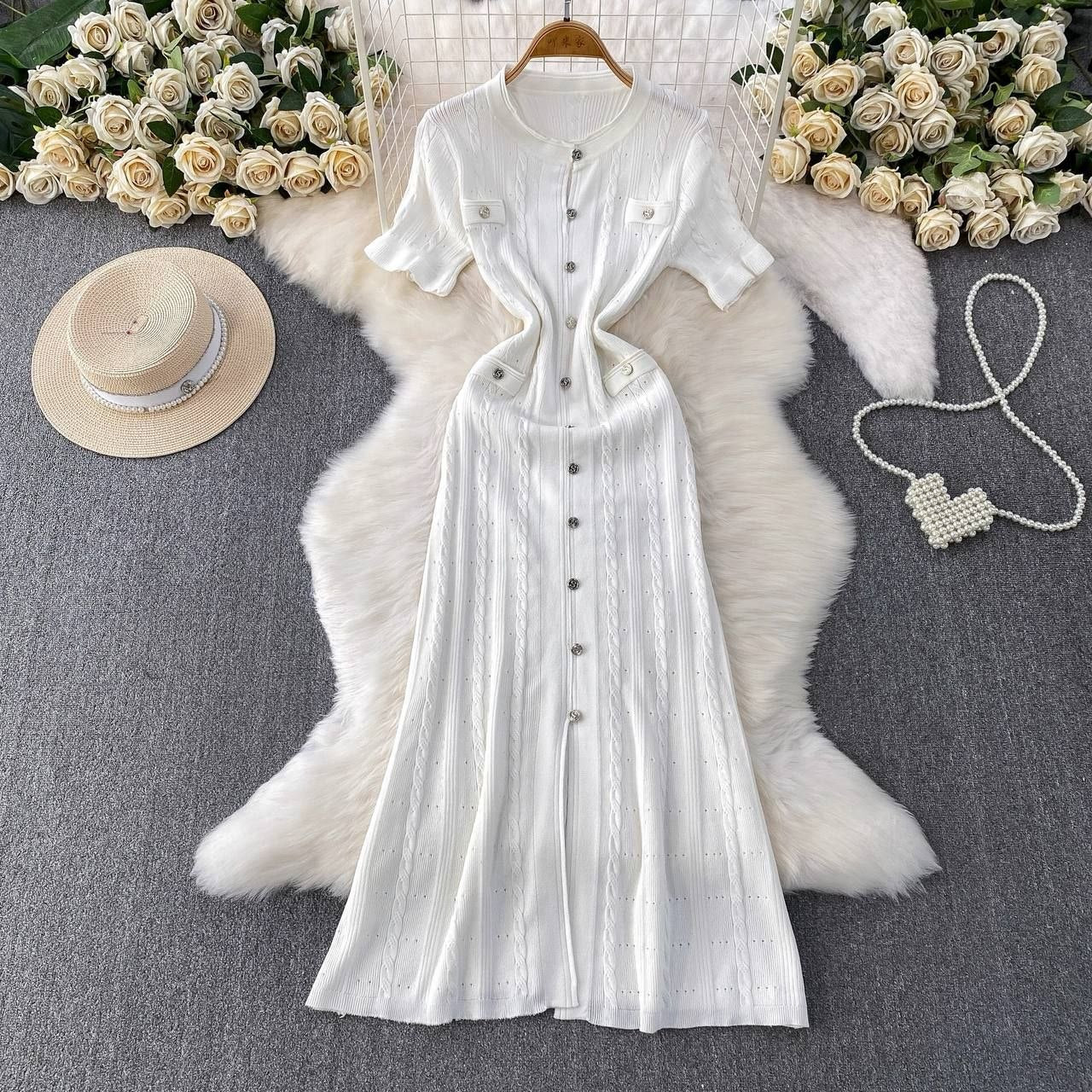 White button front knit maxi dress