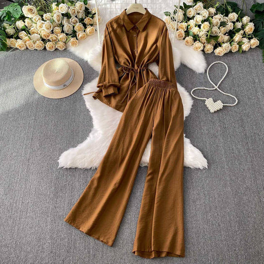 Long-sleeve button-up shirt with a flattering lace-up waist