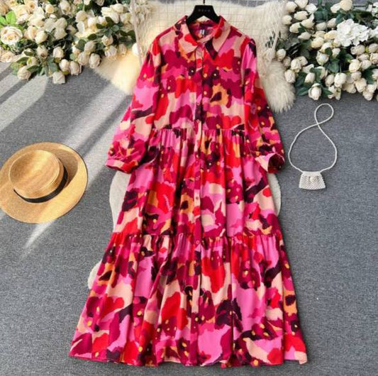 Halo-Dyed Printed Casual Loose and Slimming A-Line Large Hem Shirt Dress