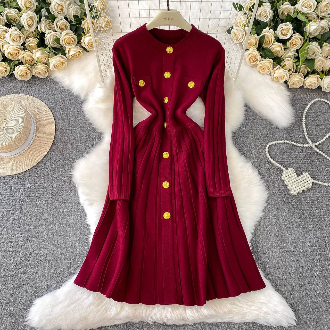 Burgendi vibrant pink ribbed-knit dress