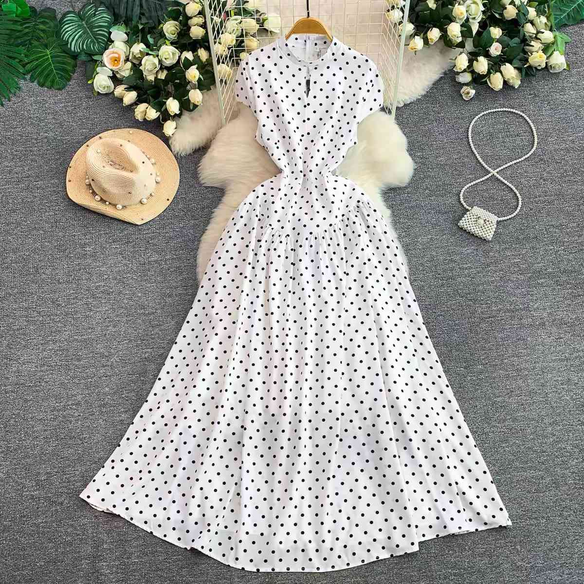 Royal white polka dot maxi dress