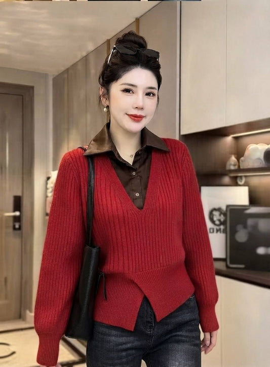 Red ribbed knit V-neck sweater