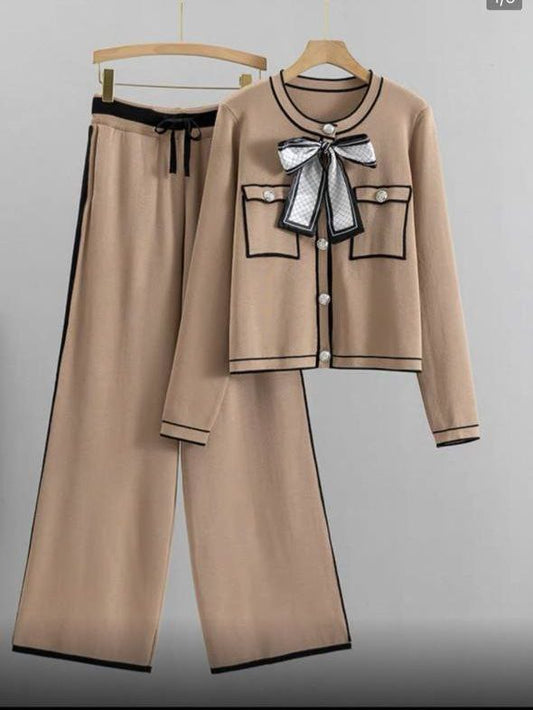 Knit Cardigan Top and Wide-Leg Pants Set