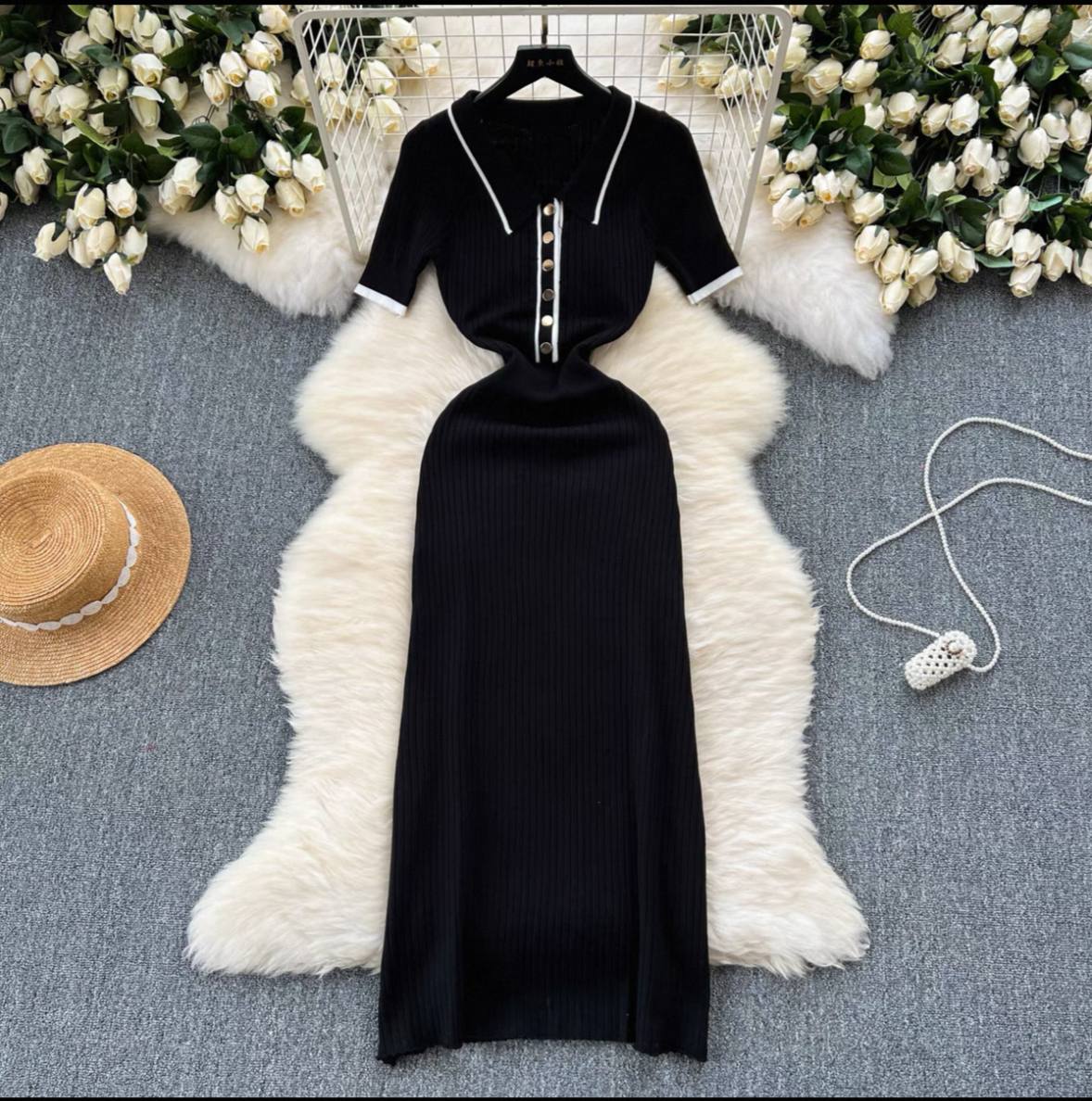 Ribbed knit polo collar midi dress
