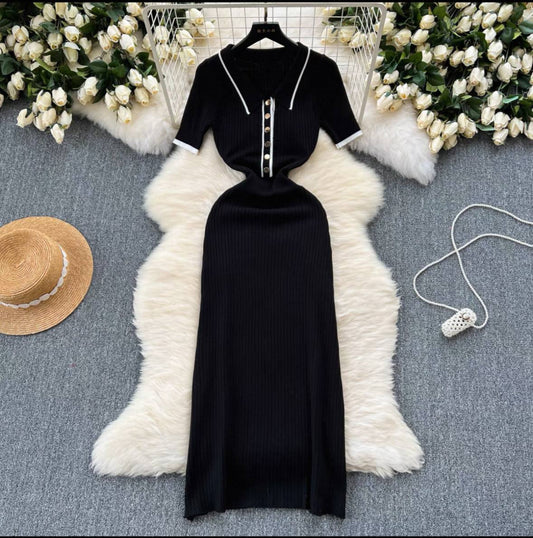 Ribbed knit polo collar midi dress
