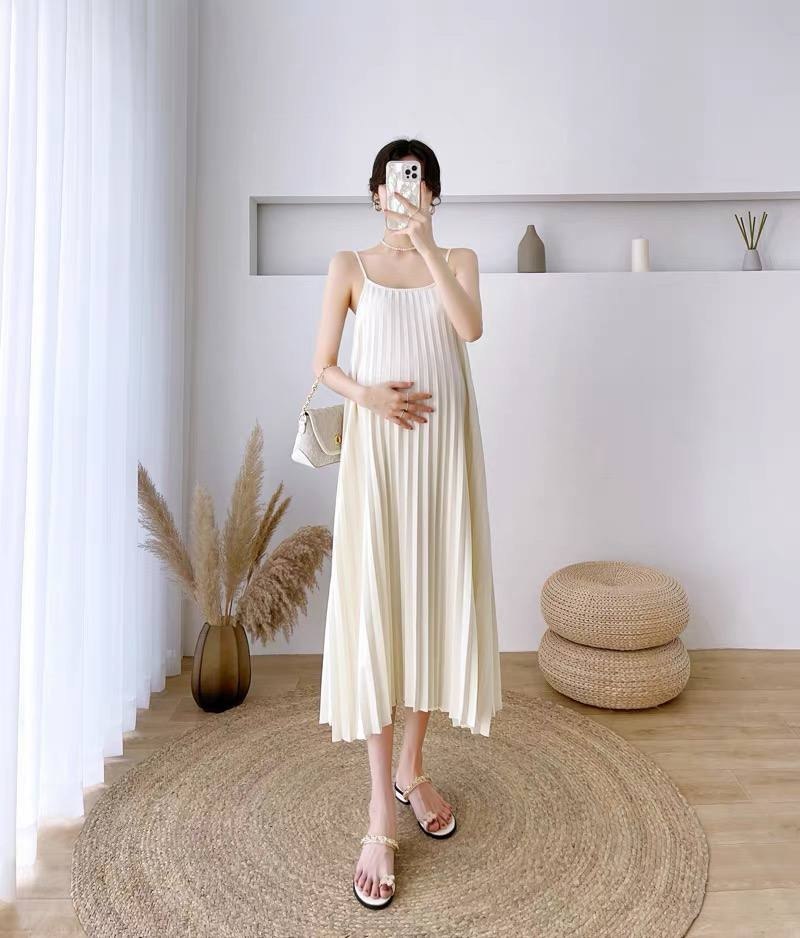 Beige pleated maternity camisole maxi dress