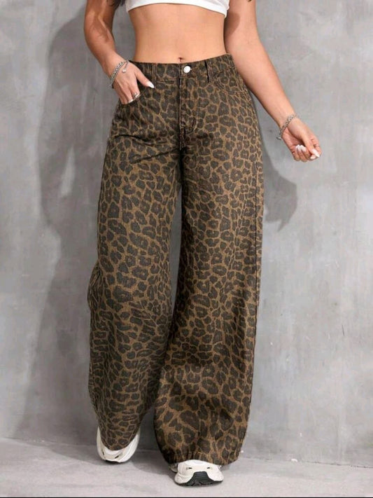 Teen girl's brown leopard print wide-leg denim jeans