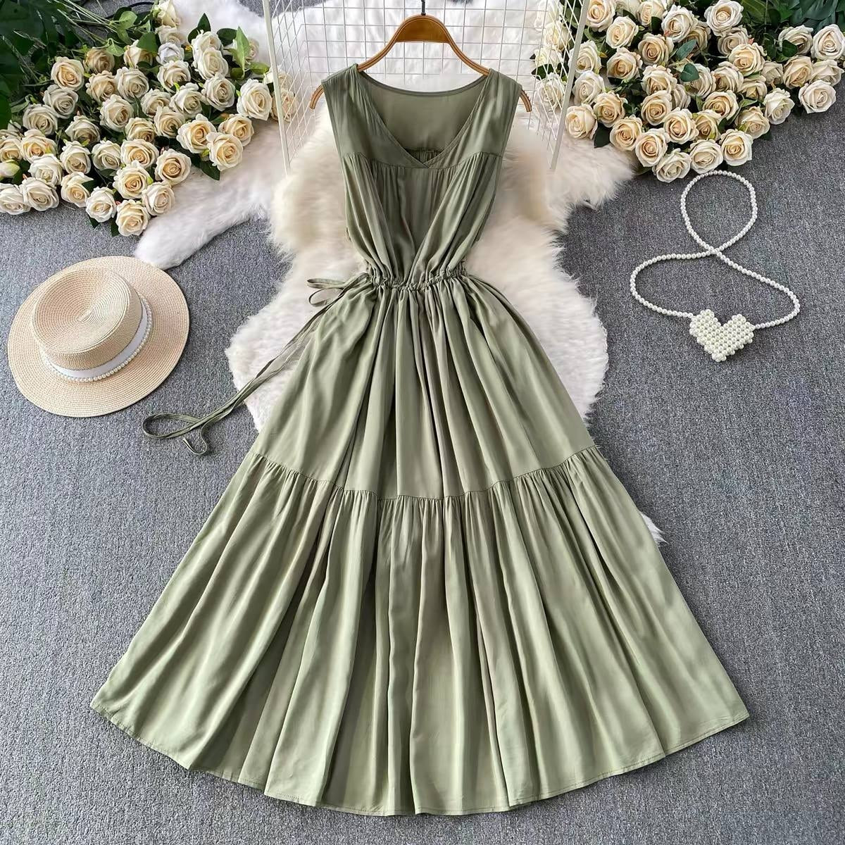 Olive green tiered maxi dress