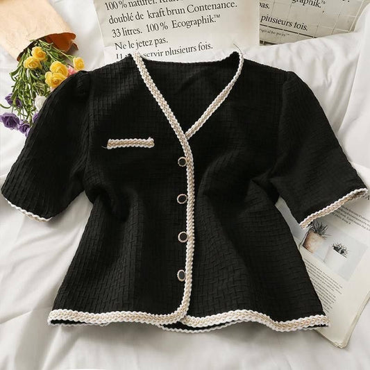 French-style black tweed short-sleeve cardigan