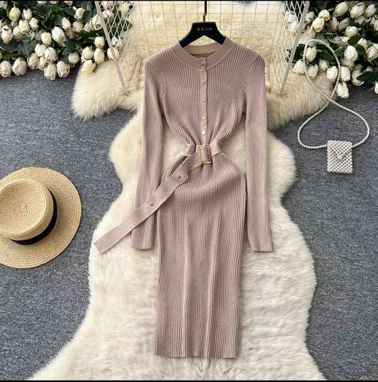 Long-sleeve, button-front ribbed knit midi dress with a matching belt