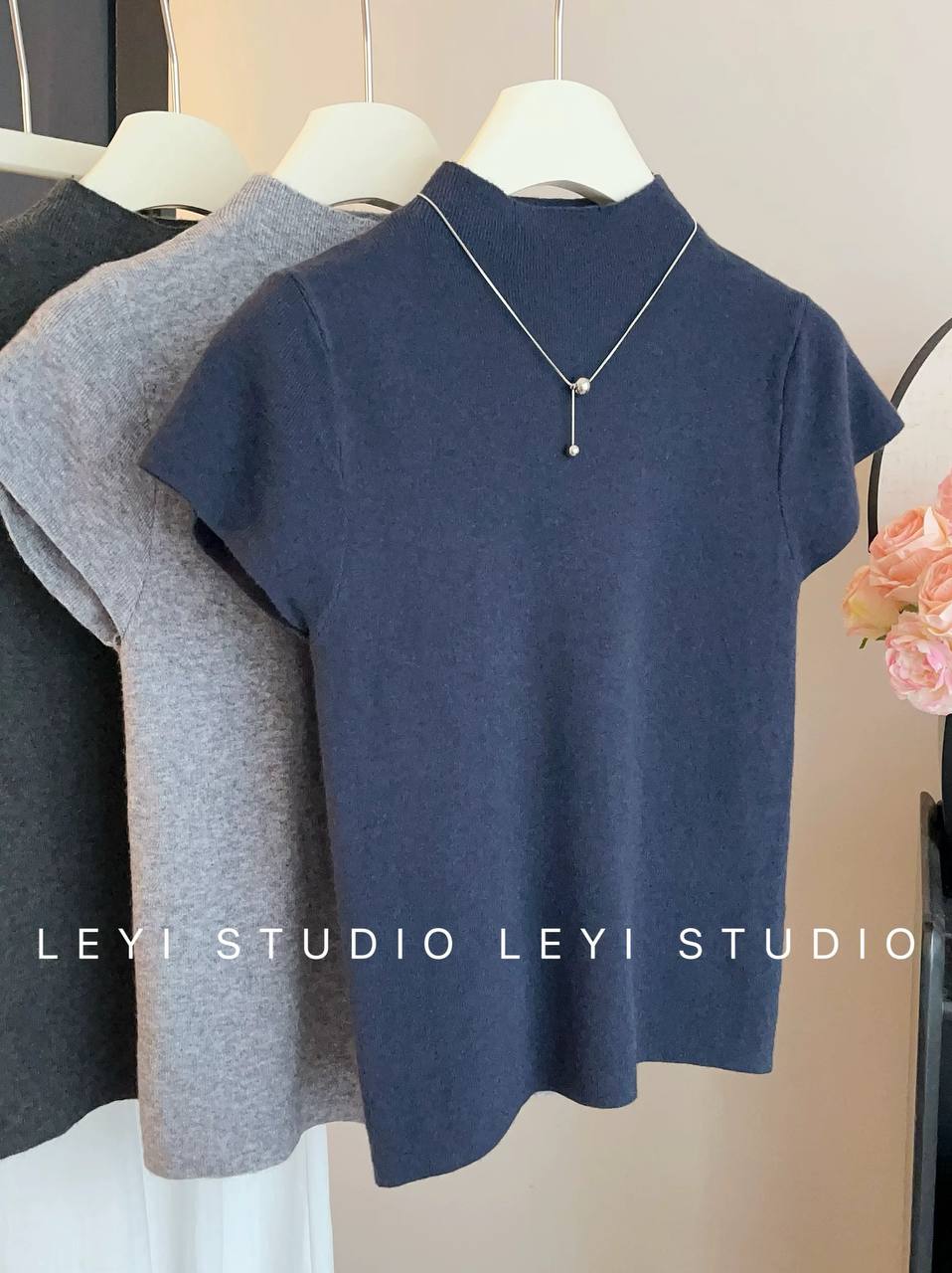 Navy blue short-sleeve knit top