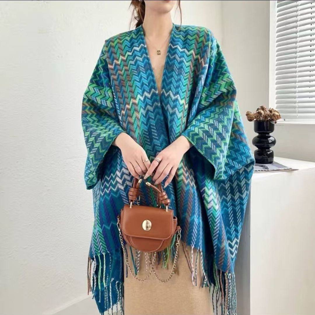 Vibrant zigzag poncho scarf