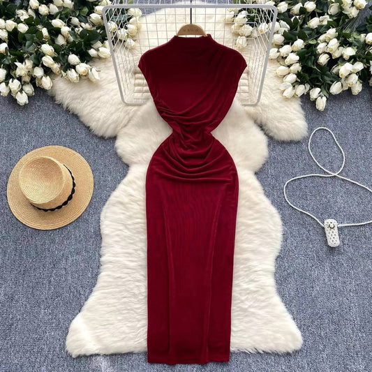 Burgundy sleeveless ruched bodycon midi dress