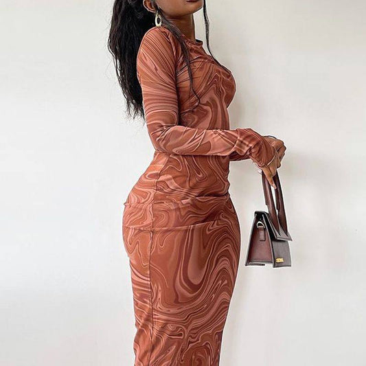Swirl print bodycon midi dress