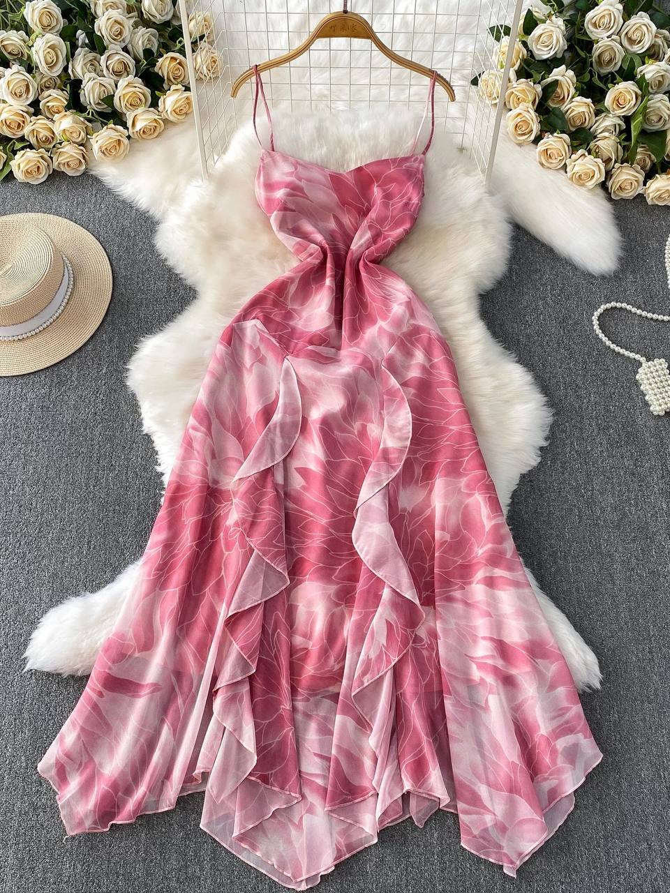 Cascading ruffles, spaghetti straps