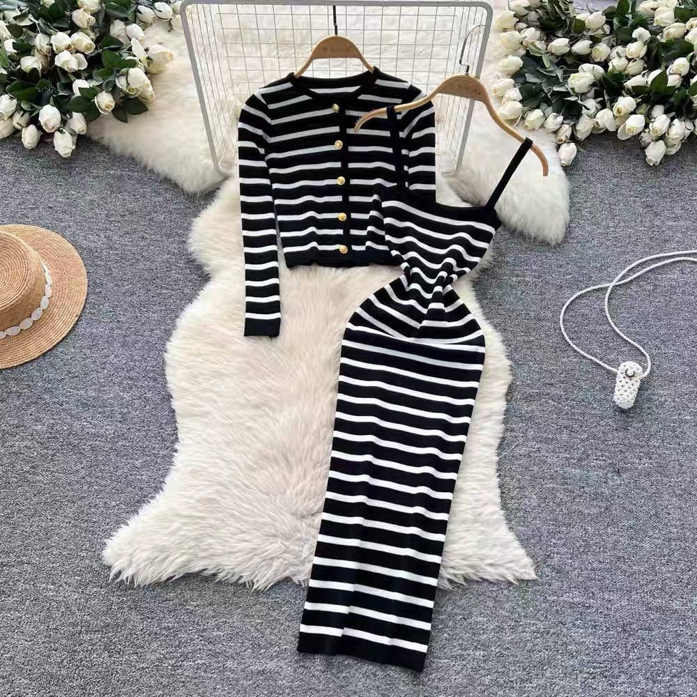 Black and white striped knit two-piece dress set