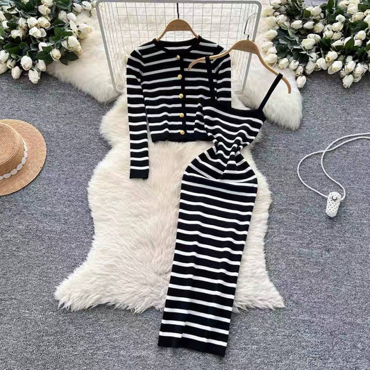 Black and white striped knit two-piece dress set