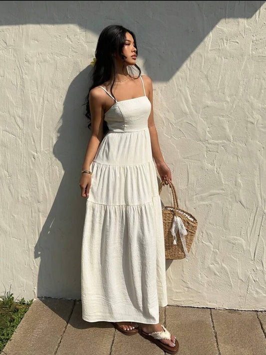 Sunnyshic Light Apricot Textured Fabric Pleated Tube Top Wide Loose Waist Dress With Spaghetti Straps
