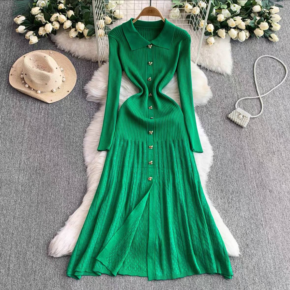 Green, long-sleeve, collared knit maxi dress with gold buttons
